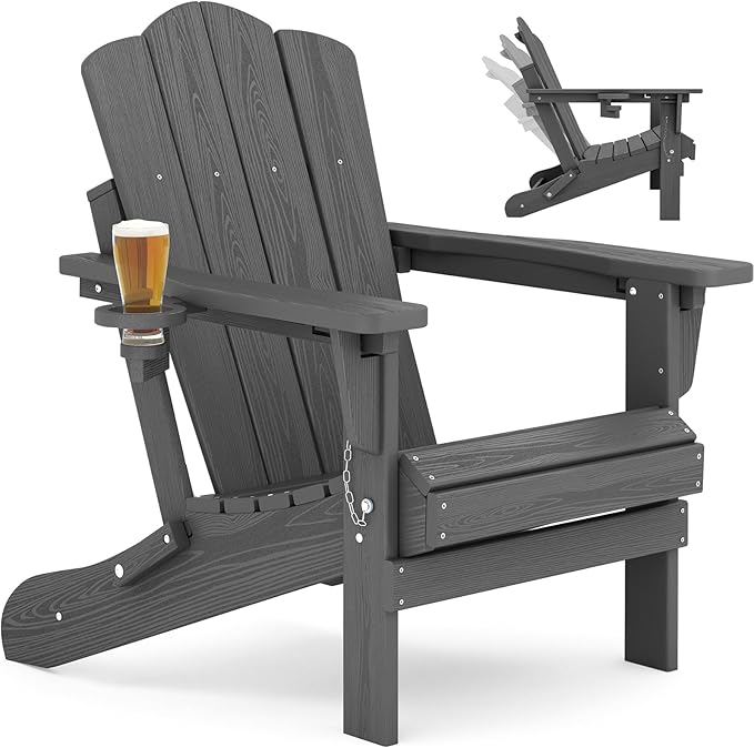 KINGYES 3-Position Adjustable Folding Adirondack Chair, Reclining Backrest Adironadck Chairs with Cup Holder, HDPE All-Weather Resistant Adirondack for Deck, Patio, Fire Pit, Grey
