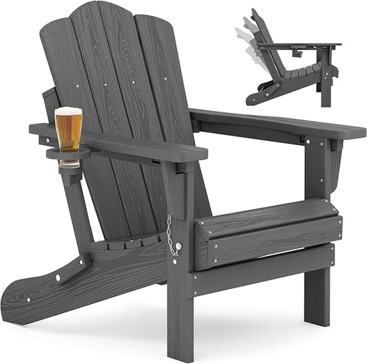KINGYES 3-Position Adjustable Folding Adirondack Chair, Reclining Backrest Adironadck Chairs with Cup Holder, HDPE All-Weather Resistant Adirondack for Deck, Patio, Fire Pit, Grey