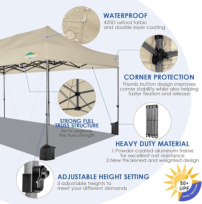 COBIZI 10x30 Heavy Duty Pop up Canopy Party Tent for Parties Weddings Events UPF 50+ Waterproof Commercial Gazebo with Roller Bag, Khaki