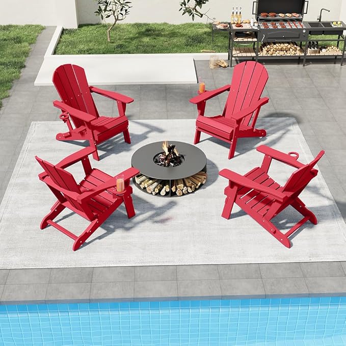 Folding Adirondack Chairs with Cup Holders, Set of 4 HDPE Plastic Outdoor Chairs, Weather Resistant, Real Wood Look, Heavy-Duty Patio Furniture for Deck, Fire Pit, Backyard, Red