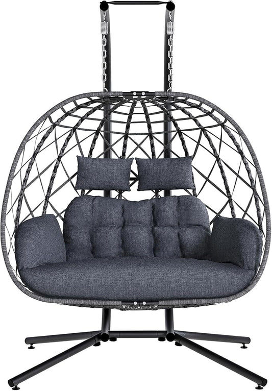 SWITTE Double Egg Swing Chair with Stand, 2 Person Outdoor Indoor Hammock Hanging Chair with Cushion for Patio Living Room 650 LBS Capacity-Dark Grey