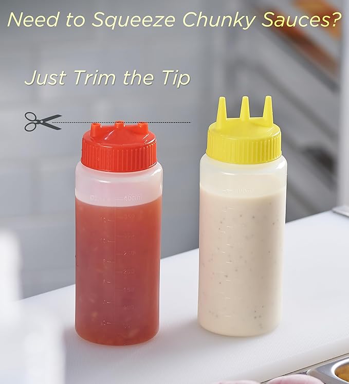 CURTA 6-Pack 36 oz Clear Squeeze Bottle with 3 Open Tips, BPA-Free Easy-to-Squeeze Plastic Condiment Dispenser with oz & ml Markings for Sauce, Oil, Dressing, Dishwasher Safe, Yellow