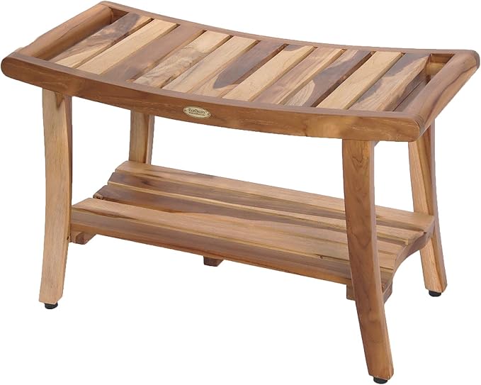 EcoDecors 30 Inch Harmony Natural Color Waterproof Teak Wood Shower Bench Stool Seat Chair For Inside Shower Storage Shelf Provides Safety, Storage, and Organization For Bathroom Accessories