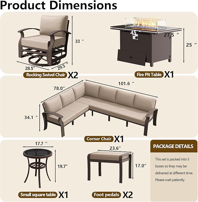 10-seat Aluminum Patio Furniture Set with Fire Pit Table, L-Shaped Sectional Sofa with 5.1" Cushions, High Backrest & 2 Footstools, Durable Outdoor patio Furniture Set, Backyard, Poolside - Sand