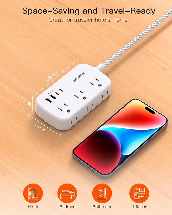 Extension Cord 20 Ft, Flat Plug Power Strip with 6 Outlets with 4 USB Ports(2 USB C), Wall Mount Charging Station, No Surge Protector for Home Office College Dorm Room Travel Essentials
