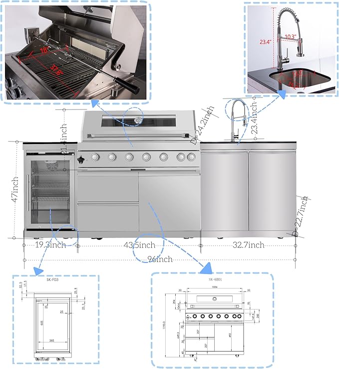 43.5-Inch 6-Burner 85000 BTU Deluxe Stainless Steel Gas Outdoor Kitchen Bar Barbecue Island Grill + Wine Cooler Compact Refrigerator + Rotisserie + Granite Countertops + Storage Cabinets & Drawers
