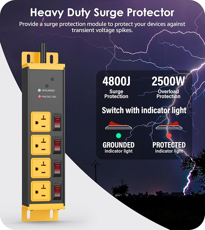 CCCEI Heavy Duty Surge Protector Power Strip 20 Amp Individual Switches. 20FT 12 Gauge Extension Cord with Multiple Outlets. Kitchen, Garage, Shop, Industrial Wall Mount Electric Extender, Yellow.