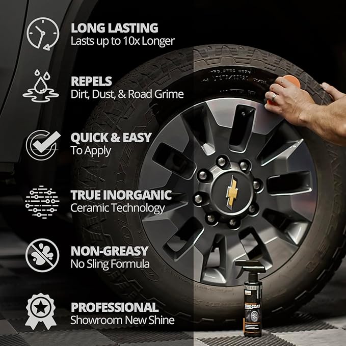 CERAKOTE Rapid Ceramic Tire Coat – Showroom New Tire Shine – Deep Tire Black Finish – Lasts Up to 10x Longer – No Sling, Non-Greasy Ceramic Tire Coating for Car, Truck & SUV – Easy Application (10oz)