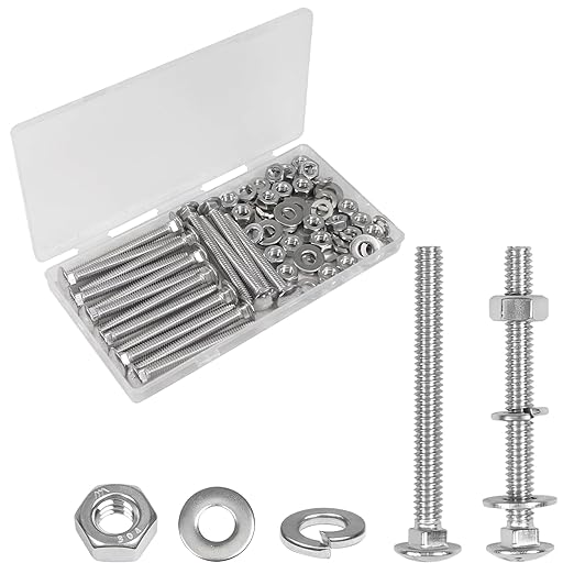 Yinpecly 16 Sets 1/4-20 x 2-1/2" Carriage Bolts Screws, 304 Stainless Steel Round Head Square Neck Carriage Bolts and Nuts Kit, with Flat & Lock Washers, Full Thread Coverage