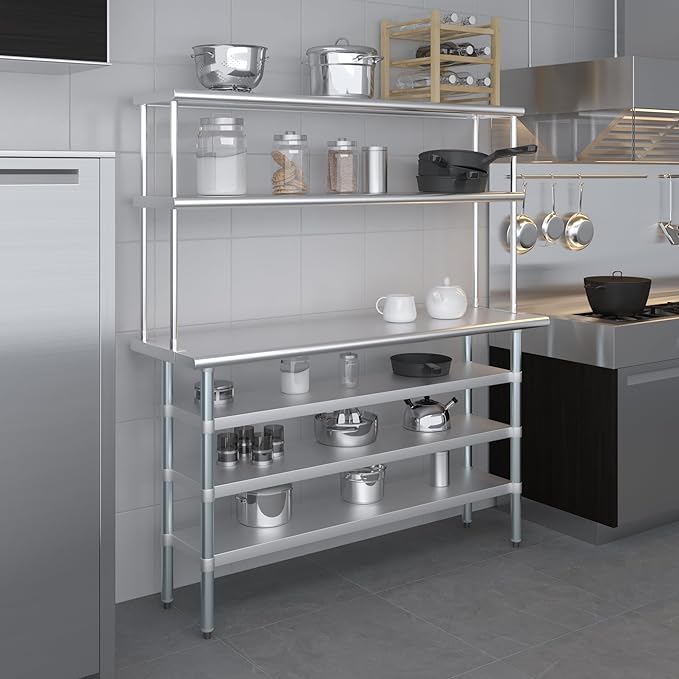 Amgood 18" x 60" Stainless Steel Work Table with 3 Shelves and 12" Wide Double Tier Overshelf | Metal Kitchen Prep Table & Shelving Combo | NSF
