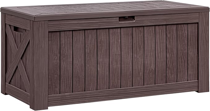 Flamaker Resin Deck Box 120 Gallon Waterproof Large Outdoor Indoor Storage Box Imitation Wood Resin for Patio Furniture Garden Tools and Pool (Deep Brown)