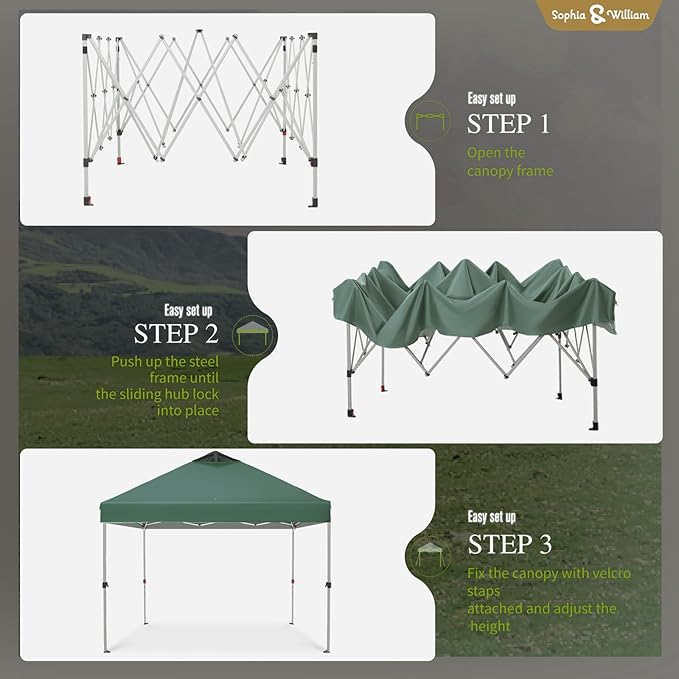 Sophia & William Canopy Tent Pop Up 10x10 ft, Outdoor Patio Portable Commercial Canopies Shelter Heavy Duty Straight Legs with Roller Bag, 8 Stakes, 4 Guy Ropes, UPF50+, Green