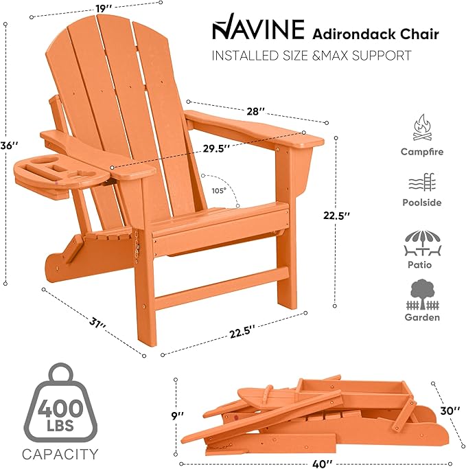 Adirondack Chair Set of 8, HDPE Folding Adirondack Chair with Multifunctional Cup Holder, Weather Resistant Fire Pit Chair for porches, patios, poolsides, Decks.