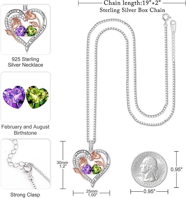 Iefil Christmas Gifts for Women Wife - 925 Sterling Silver Rose Heart Birthstone Necklace Birthday Anniversary Jewelry Gifts for Her Wife Mom Daughter