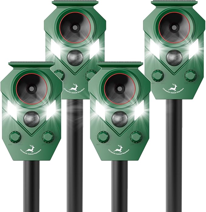 X-PEST Solar-Powered Ultrasonic Animal Repellent 4 Packs, Waterproof Cat Deterrent with LED Flashing Lights and Motion Sensor for Outdoor Yard, Effective to Repel Cats, Coyotes, Raccoons, and Deer
