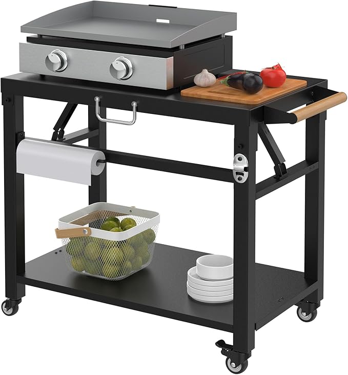 Upgrade Foldable Grill Cart Stand, Flat Top Dining Cart Table for Blackstone Griddle, Weber, Ninja Portable Grill, Outdoor Pizza Oven and More, Table Carts for Outdoor Camping