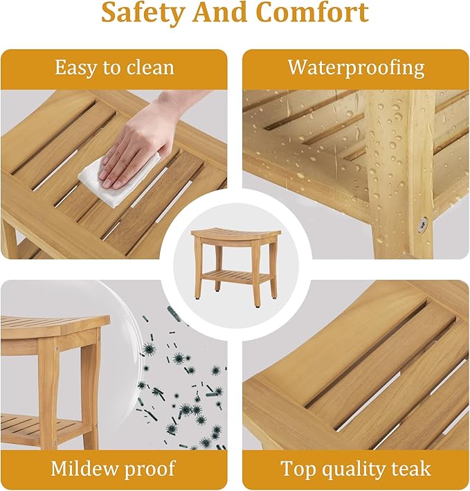 OTSUN Waterproof Teak Shower Bench with Shelf & Non-Slip Feet, Heavy Duty Shower Chair for Inside Shower, Shower Stools for Seniors
