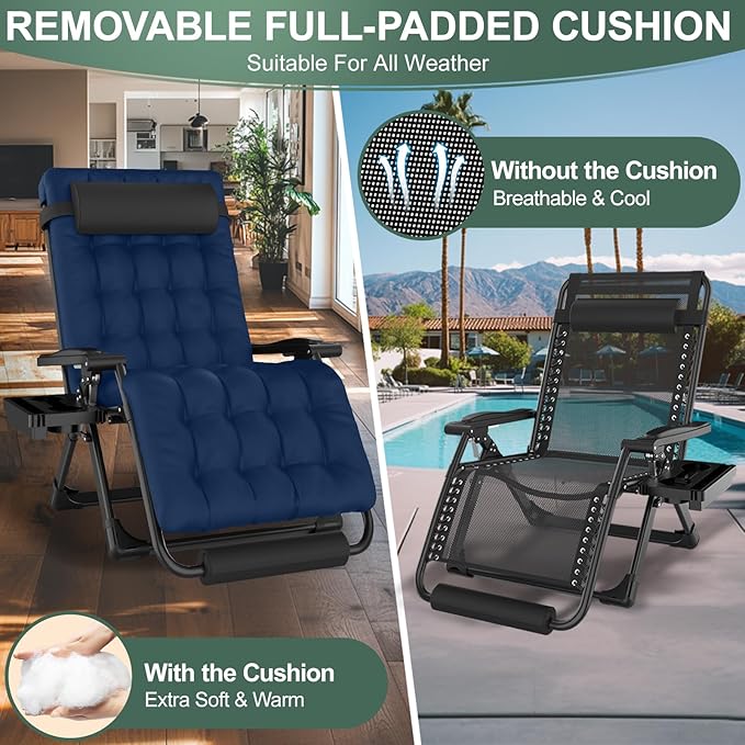 XXL Zero Gravity Lounge Chair 33", Oversized Padded Folding Recliner for Patio with Storage Bag, Removable Cushion, Footrest, Full Aluminum Lock & Large Cup Holder, Supports 500 lbs, Blue