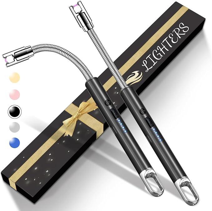 2 PCS Electric Lighter, Candle Lighter Arc Windproof Flame-Less with 360° Flexible Neck & LED Power Display, Type-C Rechargeable for BBQ, Grill, Camping, Fireplace, Stove