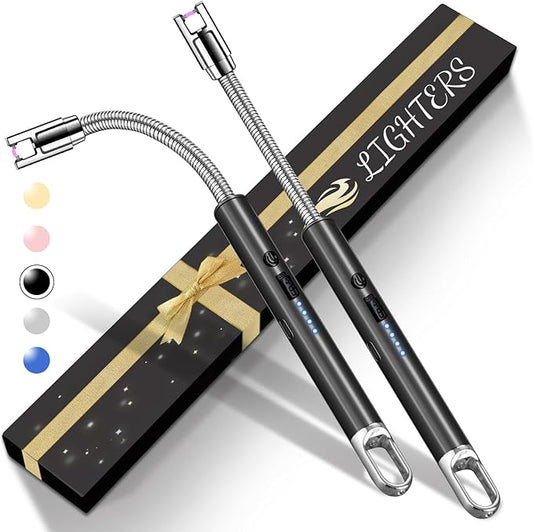 2 PCS Electric Lighter, Candle Lighter Arc Windproof Flame-Less with 360° Flexible Neck & LED Power Display, Type-C Rechargeable for BBQ, Grill, Camping, Fireplace, Stove