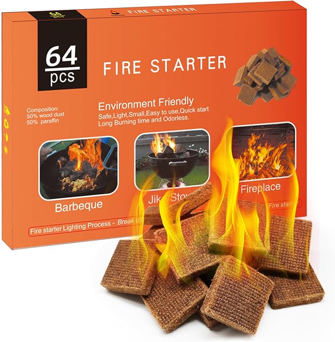 Fire Starters Cubes for Fireplace - 64 Squares Weather-Resistant Firestarter Long Burning for Stove Camping Pit Grill Campfires BBQ