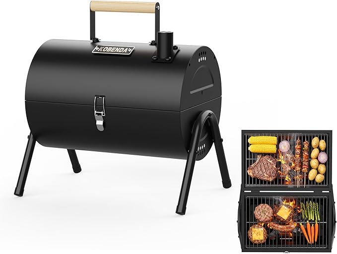 Portable Charcoal Grill with Warming Rack, Wooden Handle, Tabletop BBQ Grill for Outdoor Barbecue Camping Picnic Backyard Patio, Black