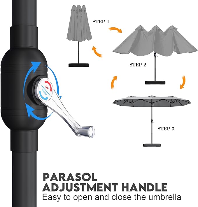15ft Patio Umbrella with Base,Large Outdoor Double-Sided Rectangle Umbrella with Crank Handle, Market Umbrella for Poolside Garden Deck Backyard Beach Pools, Gray