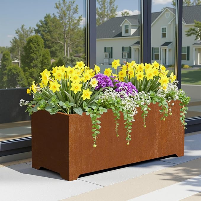 Co-rten Metal Garden Planter Box, Large Outdoor Rectangle Planters with 6 Drainage Holes & Raised Bottom, All-Weather Rust-Resistant Container for Patio, Deck, Commercial Use, 36"L x 15"W x 15"H