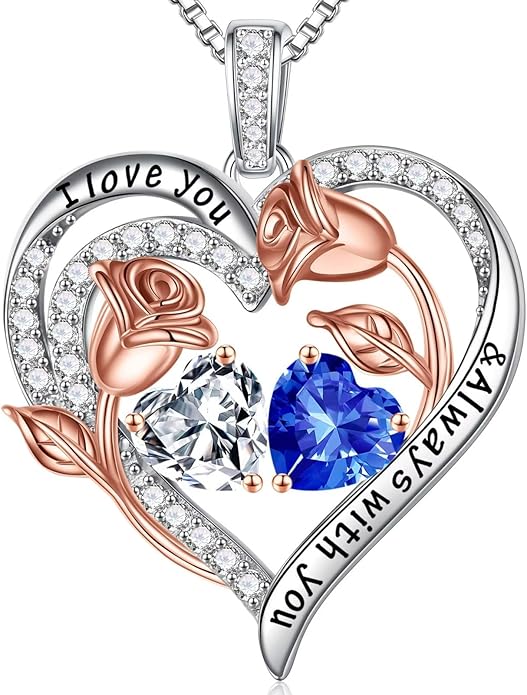 Iefil Christmas Gifts for Women Wife - 925 Sterling Silver Rose Heart Birthstone Necklace Birthday Anniversary Jewelry Gifts for Her Wife Mom Daughter