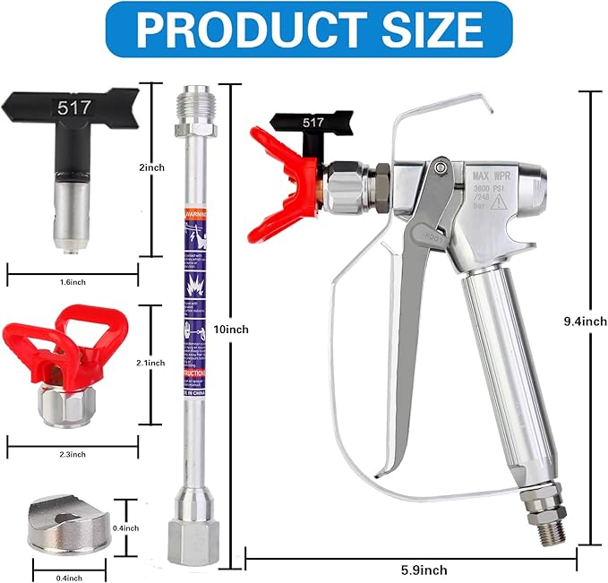 DUSICHIN Airless Paint Spray Gun 3600 PSI Swivel Joint for Graco Titan Airless Paint Sprayers Reversible 517 Nozzle Tip and Tip Guard 10 inches Extension Pole DUSG90