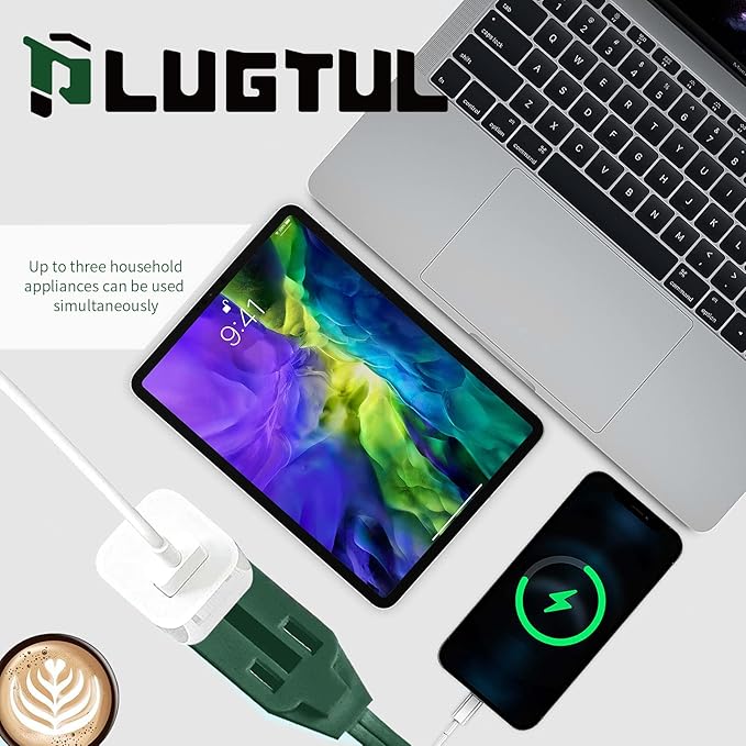 PLUGTUL 3-Pack Indoor Extension Cord (6/9/12FT), 2 Prong Green Extension Cord, 3 Polarized Outlets with Safety Cap Protect for Home Office, 16/2 SPT-2 ETL Listed