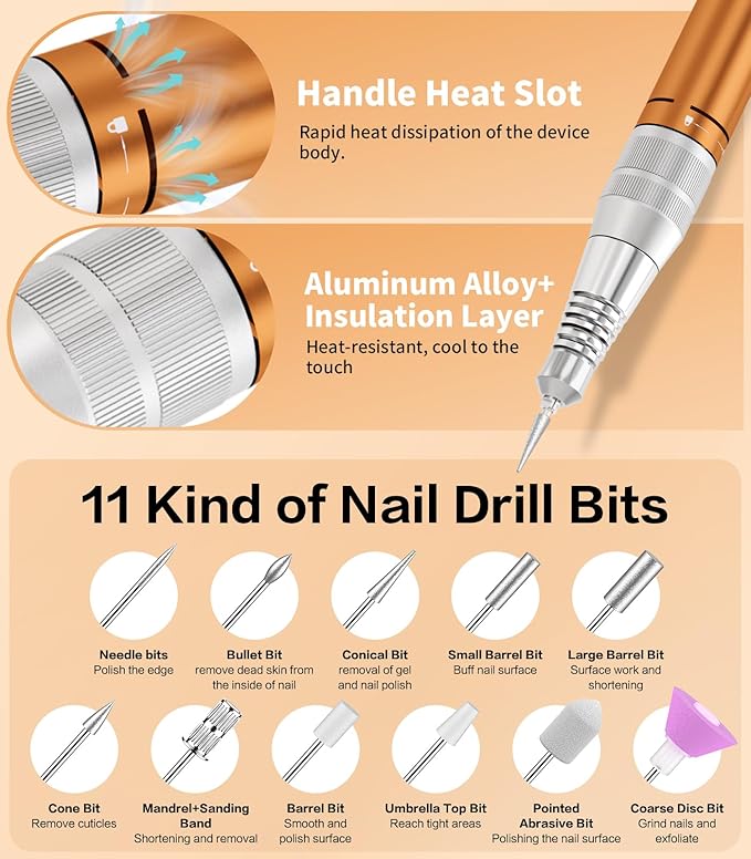 [2025 Upgraded] Electric Nail Drill Professional, Portable Rechargeable 35000 RPM - Cordless Electric Nail File Machine Kit for Acrylic Gel Polishing Removing, Manicure at Home DIY & Salon (Orange)