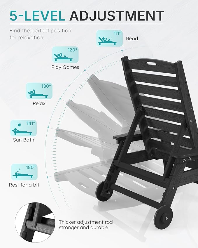 Chaise Lounge Chair Outdoor with Wheels, Oversize Patio Lounge Chairs with Wood Texture, 5-Position Plastic Lounge Chairs Set of 2-Black(Separate Delivery)