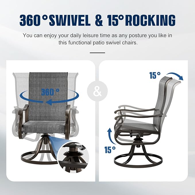 UDPATIO Patio Swivel Dining Chairs Set of 2, Outdoor Dining Chairs High Back with All Weather Breathable Textilene, Metal Rocking Frame for Lawn Garden Backyard, Dark Gray