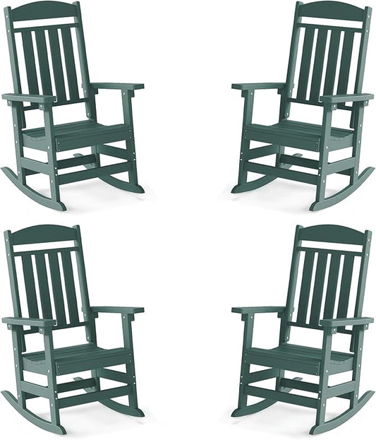 FOOWIN Outdoor Rocking Chair Set of 4, High Back Patio Rocking Chair, HDPE All Weather Resistant Porch Rocker for Adult, Oversized Rocking Chairs for Garden, Lawn, Indoor & Outdoor Use, Dark Green