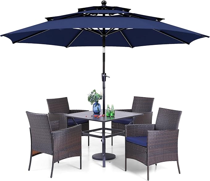 PHI VILLA 5 Piece Patio Dining Set with 10ft Umbrella, 37" Square Metal Dining Table & 4 Cushioned Rattan Chairs with Blue Umbrella for Outdoor, Deck, Yard, Porch