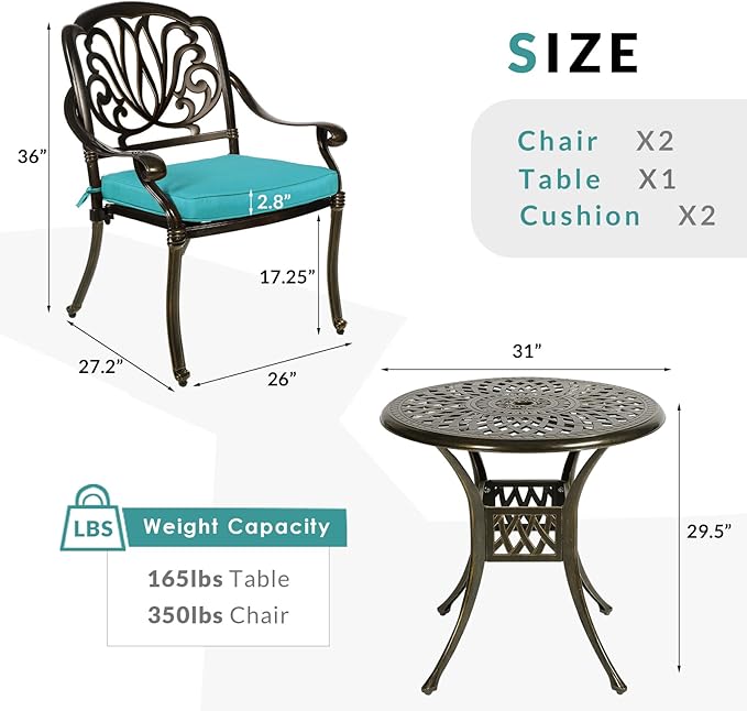 MEETWARM 3 Piece Patio Bistro Set, Outdoor All-Weather Cast Aluminum Dining Furniture Set Includes 2 Cushioned Chairs and a 31” Round Table with Umbrella Hole for Garden Deck, Ocean Blue
