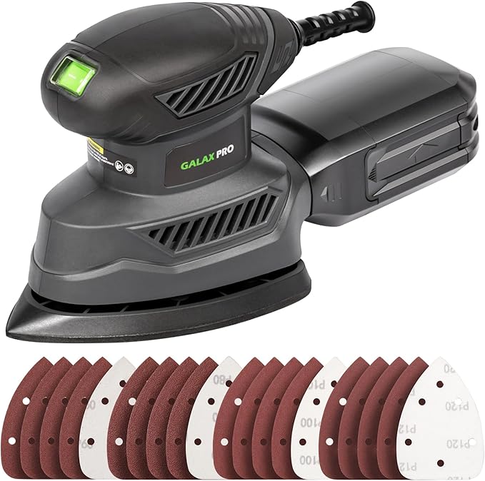 GALAX PRO Detail Sander, 1.1A Powerful Motor, 13000 OPM Compact Electric Sander with 20Pcs Sandpapers and Dust box, Soft Grip Handle for Comfortable Woodworking