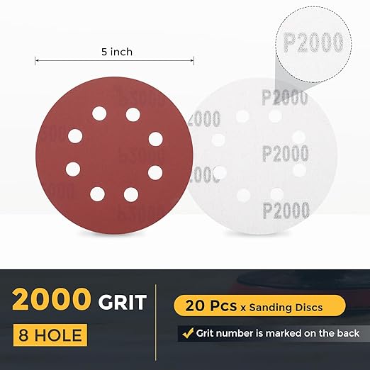 HARFINGTON 20 Pcs 5 Inch Sanding Discs, 2000 Grit Hook and Loop Sandpaper, 8-Hole Aluminum Oxide Orbital Sander Sandpaper for Woodworking Automotive Metal Polishing, Red