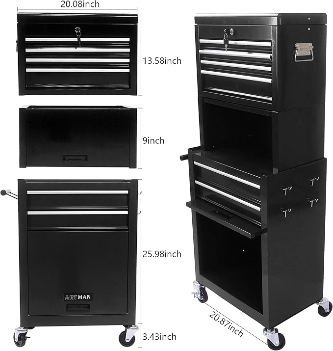 6 Drawers Rolling Tool Box Organizer,2 Tier High Capacity Tool Chest with Wheels,Lockable Rolling Tool Chest with 2 Cabinet,Detachable Tool Box Workshop Storage Cabinet(2 Tier-6 Drawers(Black))