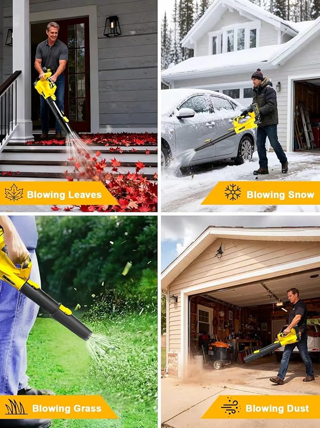 Leaf Blower Cordless, 21V Powerful Electric Blower with 2*4.0Ah Batteries & 1*Fast Charger, 6 Speed Modes, Handheld Lightweight Leaf Blowers for Lawn/Patio/Dust/Leaves, Gift Goggles & Earplugs-Yellow