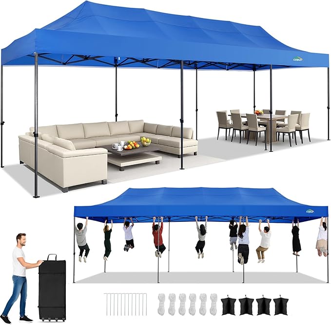 COBIZI 10x30 Pop up Canopy Heavy Duty Without Sidewalls, Easy Set-up Commercial Outdoor Party, 100% Waterproof Wedding Canopy Gazebo, 3 Height Adjustable with Wheeled Bag, Blue
