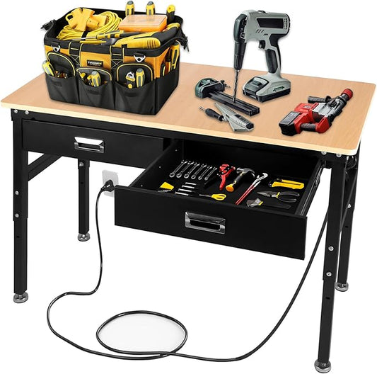 Workbenche with Drawers,48'' Workbench with Power Outlet for Garage,2000 Lbs Capacity Adjustable Workbench,Heavy Duty Table for Workshop Office Home Commercial
