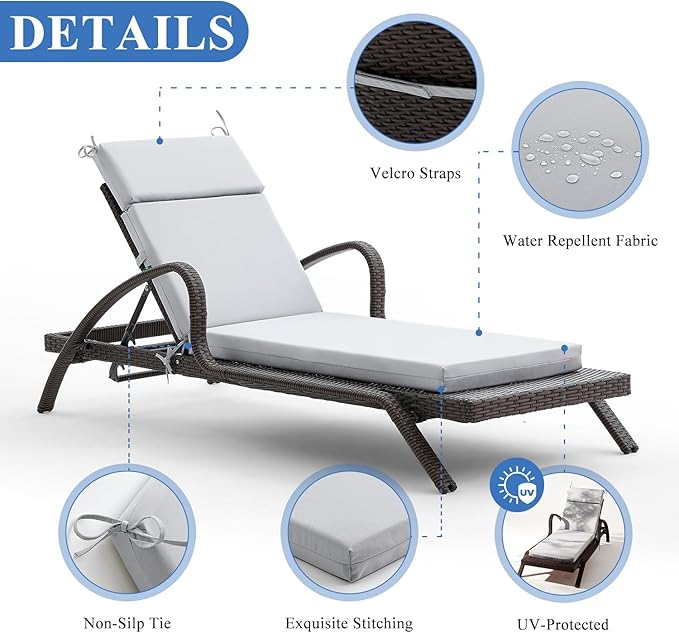 FILUXE Chaise Lounge Cushions Outdoor Furniture, High-Density Foam Chair Cushion with Ties, Weather & Fade Resistant - Patio Recliner Chairs Cushions for Lawn,Pool & Beach 72x21x3 Inch, Grey
