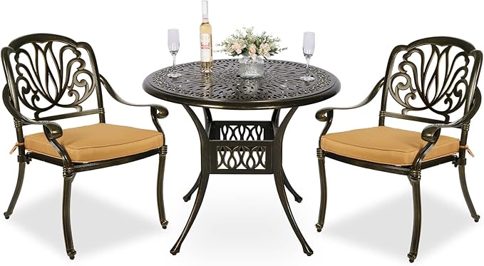 MEETWARM 3 Piece Patio Bistro Set, Outdoor All-Weather Cast Aluminum Dining Furniture Set Includes 2 Cushioned Chairs and a 35.4” Round Table with Umbrella Hole for Garden Deck