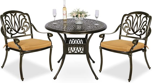 MEETWARM 3 Piece Patio Bistro Set, Outdoor All-Weather Cast Aluminum Dining Furniture Set Includes 2 Cushioned Chairs and a 35.4” Round Table with Umbrella Hole for Garden Deck
