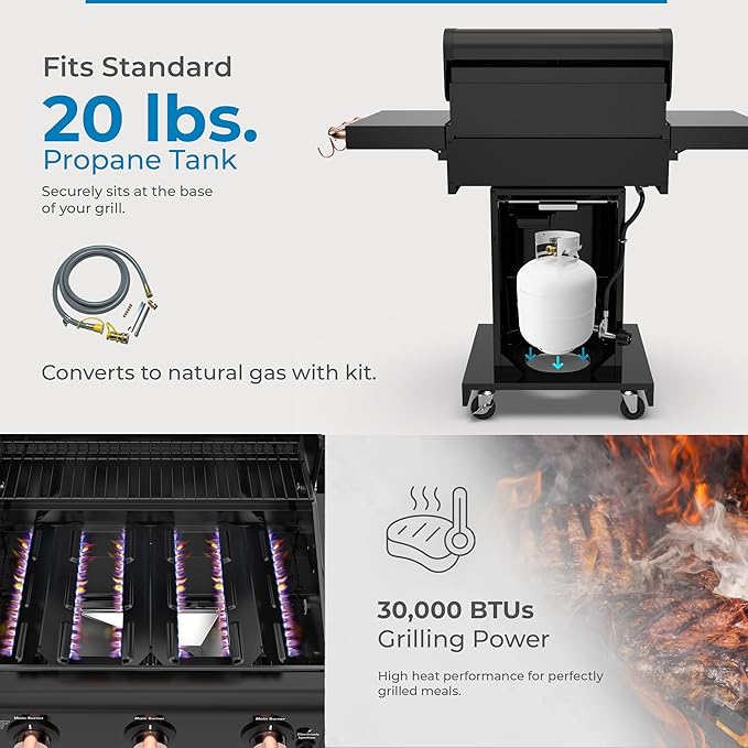 Kenmore 3-Burner Propane BBQ Grill, 30,000 BTUs Gas Grill with Cast Iron Cooking Grates, Folding Side Tables & Wheels, Outdoor Grill with Tool Hooks, Black/Copper + Bonus Cover