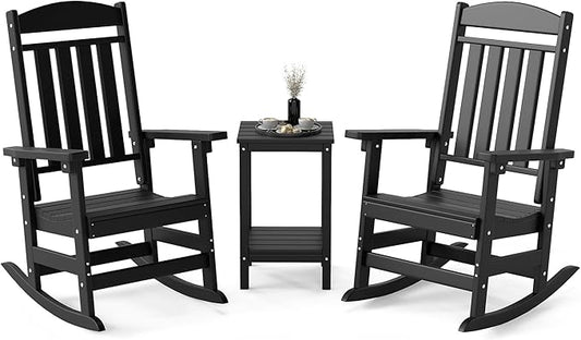 FOOWIN 3-Piece Outdoor Rocking Chairs Set, High Back Patio Rocker with Side Table, HDPE All Weather Resistant Oversized Rocking Chairs for Indoors, Porch, Patio, Backyard, Black (Black, 3-Set)