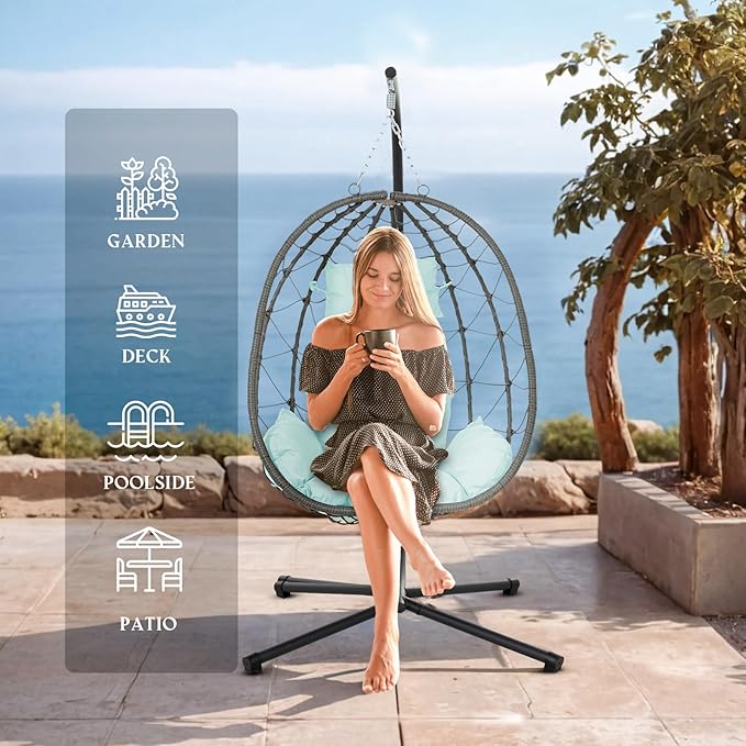 Hanging Egg Chair with Stand Egg Chair Indoor Outdoor, Patio Swing Hammock Egg Chairs, UV Resistant Removable & Washable Thicken Padded Cushions, 350LBS Capacity for Bedroom, Balcony, Garden