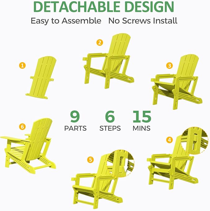 Adirondack Chair Set of 2, All Weather Plastic Adirondack Chairs, Fire Pit Chairs with Cup Holder, Outdoor Lawn Chair for Patio, Garden, Backyard,Yellow